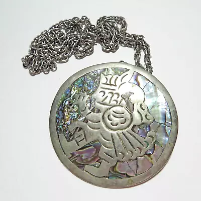 Vintage Mexico Silver Brooch Pendant Necklace Aztec Mayan Warrior Abalone Inlay • $20