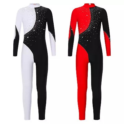 £21.38 • Buy Kids Girls Shiny Rhinestone Long Sleeve Jumpsuit Athletic Dance Leotard Catsuit 