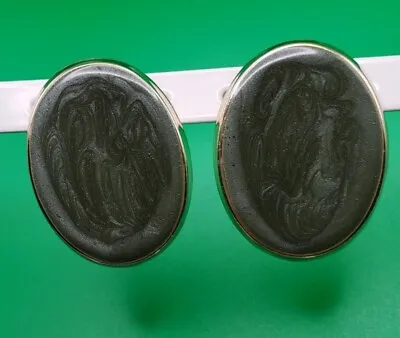Vintage Pierced Earrings Oval Goldtone Metal With Green Olive Swirl Enamel Stud • $6.96