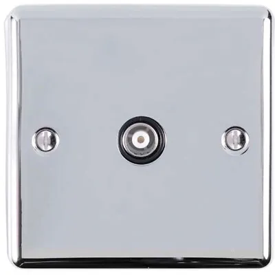 CHROME Single Aerial Satellite Coaxial Socket Female Wall Plate Black Trim • £13.99