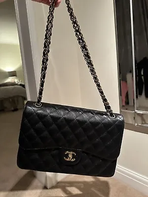 CHANEL Jumbo Black Caviar Leather 2.55 Flap Bag With Gold Hardware • £5750
