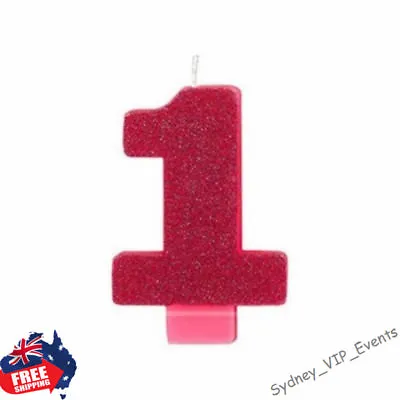 1st BIRTHDAY GIRL PARTY CANDLE NUMBER ONE BRIGHT PINK GLITTERED CAKE DECORATION • $4.25