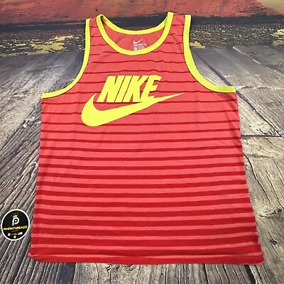 Nike Mens Tank Top Muscle Shirt Sz Large Salmon Volt Striped Athletic Swoosh Gym • $19.99