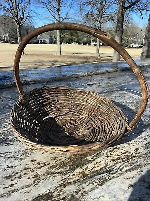 Antique Vintage Hand Woven Round Willow Grapevine Brown Basket W/handle Flowers • $20