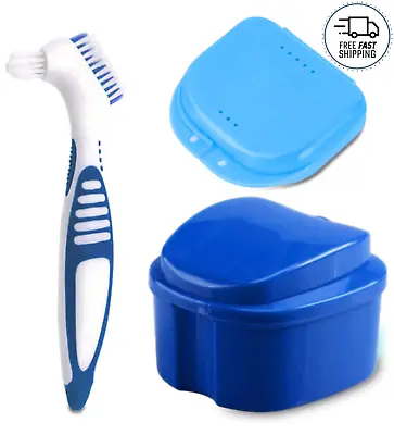 Denture Bath Case Cup With Denture Cleaner Brush & Retainer Holder Box Clean • $9.99