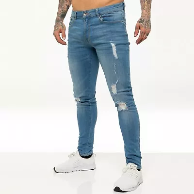 Enzo Mens Slim Fit Jeans Skinny Stretch Denim Trouser Ripped Pants All UK Sizes • £16.99