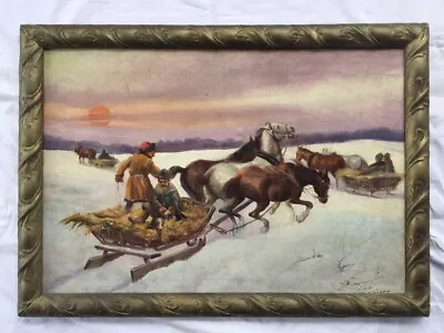 $375 • Buy Antique Signed Winter Landscape Oil Painting Horse Drawn Sleigh Russian?
