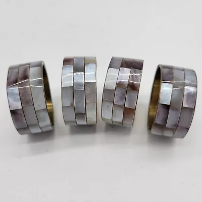 Vtg Set Of 4 Mother Of Pearl Shell Pastel Brass Napkin Ring Holders Handmade • $9.95