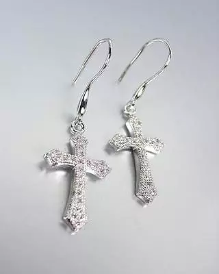 CLASSIC 18kt White Gold Plated Micro Pave CZ Crystals Cross Petite Earrings • $17.59