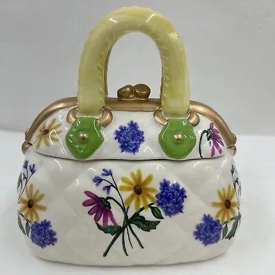David’s Cookies Ceramic Purse Cookie Jar Canister White Quilted Look With Floral • $39.60
