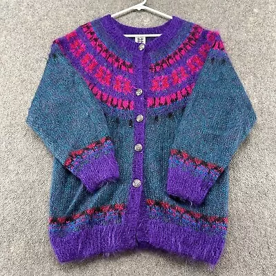 VTG Icelandic Design Sweater Womens L Purple Cardigan Fair Isle Mohair Wool 90s • $39.95