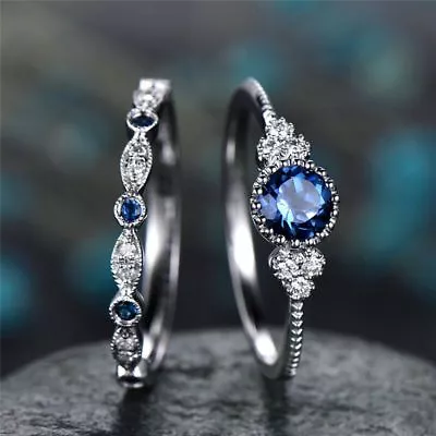 $1.01 • Buy CJ2304 Handmade  Natural Sapphire 2.20ct Size US 7 14K White Gold Couple Rings