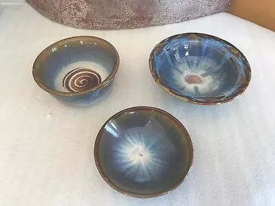 $98.31 • Buy Bill Campbell Signed Studio Art Pottery Bowl Lot Of 3 Drip Glaze Blue Tones