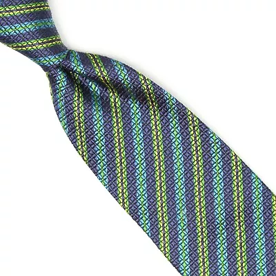 Etro Milano Mens Silk Necktie Navy Sky Blue Green Yellow Stripe Woven Tie Italy • $59.99