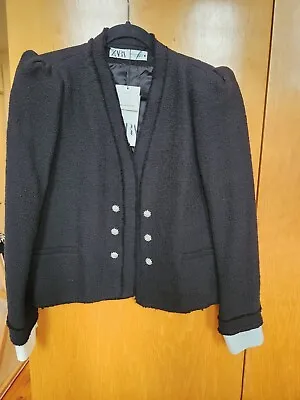 Zara Puff Shoulder Blazer With Crystal Buttons - Black - Size XXL • $45