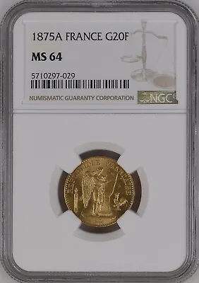 France  Gold 20 Francs 1875 A - Ngc Ms 64  Rare3 • $649.99