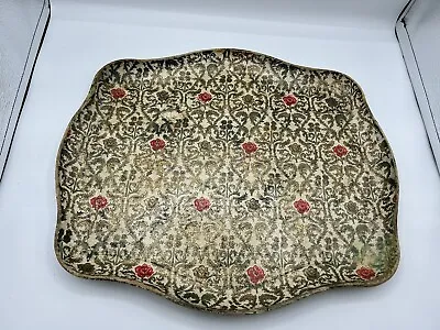 Vintage Tray Paper Mache Gold Green And Red Floral Lobeco Japan Scalloped Edge • $12