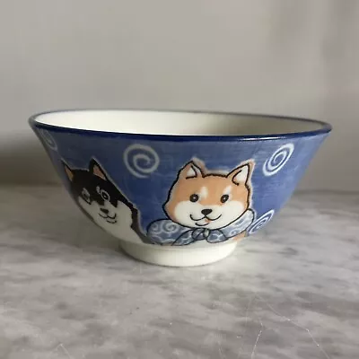 Japanese Rice Soup Bowl Porcelain Blue Shiba Inu Dog JAPAN MADE Cute • £12