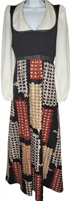 Vtg 70s Patricia Fair Maxi Dress Patchwork Houndstooth Empire Waist Boho SMALL • $39.90