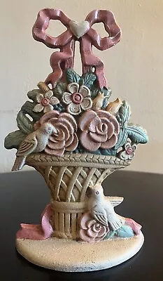 MIDWEST IMPORTERS CAST IRON Flower Basket W Bow Birds DOOR STOP BOOKEND Painted • $12