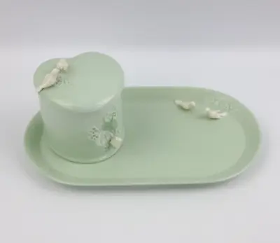 £14 • Buy Galo's Fine Bone China Mint Green Dressing Table Set - Tray & Trinket Box Doves