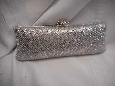 Silver Glittery Formal Evening Clutch Baguette Bag With Rhinestone Clasp EUC • $10.79