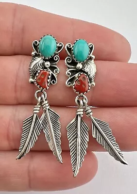 Vtg Navajo Sterling Silver Turquoise Coral Stamped Feather Dangle Earrings 1.75  • $45.95