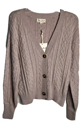 MARBLED Womens  V-Neck Button Up Cardigan Cable Knit Mink Heather Sz M NEW • $28