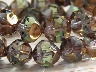 8 - 9mm CZECH MOSS GREEN METALLIC BRONZE CENTRAL FACETED BAROQUE GLASS BEADS • $4.50