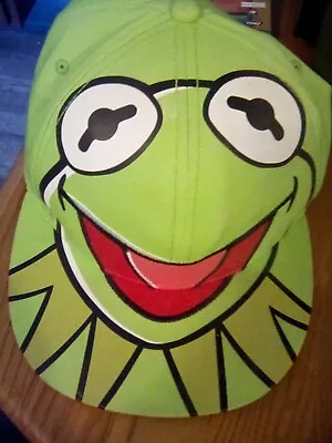 Muppets Kermit The Frog Fuzzy Green Flat Bill Fitted Style Baseball Hat Cap • $10