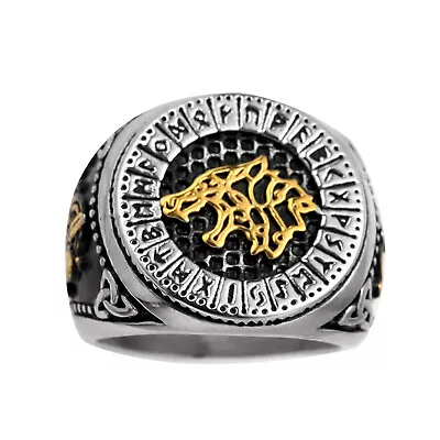 $13.99 • Buy Viking Runes Wolf Pattern Stainless Steel Hip Hop Punk Jewelry Men's Ring Biker