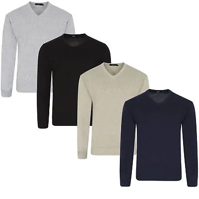 Mens V Neck Soft Knit Jumper Sweater Pull Over Long Sleeve Plain Tops Plus Size • £10.95