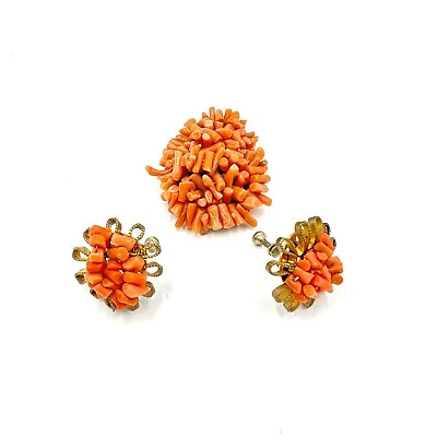 Vintage Genuine Red Coral Branch EARRINGS Screw Back Clip And BROOCH Cluster • $124.99