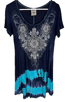 VOCAL Shirt Size Medium Bling Embellished Stretchy Short Sleeve Hi Low Blue • $18.13