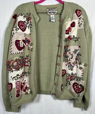 Vintage Heirloom Collectables Sweater Womens Small Green Hearts 90s Knit Size XL • $17.99