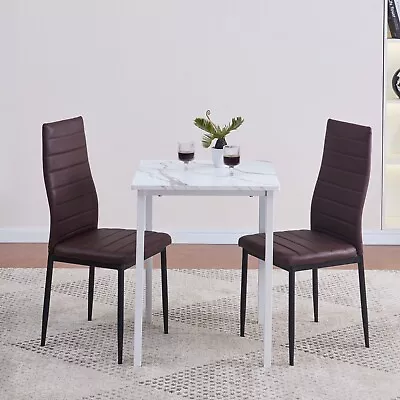 24  White Marble MDF Top Dining Table&2pcs Brown Faux Leather Dining Chairs Set • $139.99