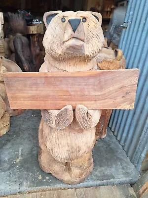 Chainsaw Carving Bear  Sign Great Gift Idea Elm Wood Home Garden  Sculpture Art  • £380