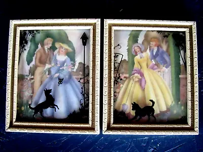 2 Vtg Silhouette Pictures Reverse Painted Convex Bubble Southern Belle Dogs • $18