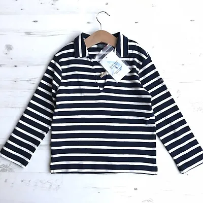 Kids CAPTAIN CORSAIRE Breton Top Navy White Stripe Cotton Jersey Collared Age 8 • £14.99