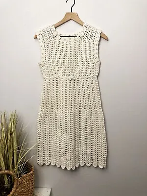 Vintage Small White Handmade Crochet/ Knitted Boho Dress Beach Cover Up • $40