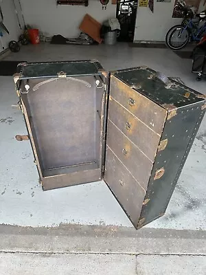 Antique Vintage Rare Vulcanized Fibre Steamer Wardrobe Trunk W/ Clothes Rack • $499.95