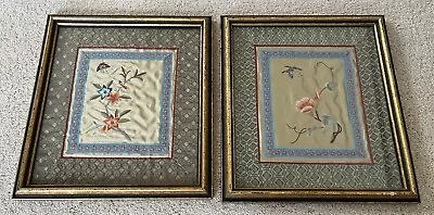 2 Vintage Silk Embroidery Framed Pictures Asian Chinese Japanese Flower Tapestry • $35