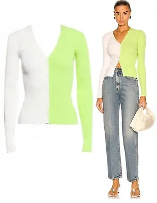 STAUD Cargo Rib Knit Colorblock Cardigan In Lime And White S BRAND NEW • $68