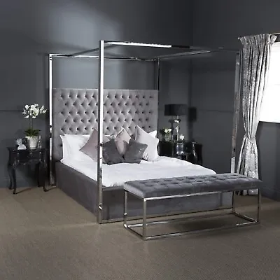 Button Upholstered Polished Steel Four Poster Bed -  6ft Super King Size • £1395