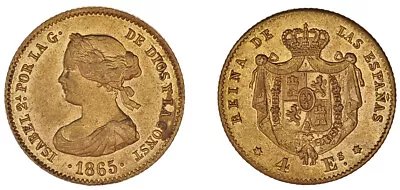 4 ESCUDOS / Gold. Isabella II - Isabel Ii. Madrid 1865. XF • $341.59