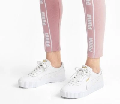 $70 • Buy Puma White Leather Sneakers Lace Up Shoes Ladies Carina Lux Sz 37/6.5 BRAND NEW
