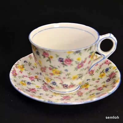 Royal Stafford Footed Cup & Saucer Rosamunde Chintz Roses W/Blue Trim 1940-1952 • $65.98