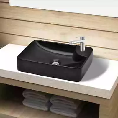 Ceramic High Gloss Black Bathroom Sink Basin Above Counter With Faucet Hole • $102.85