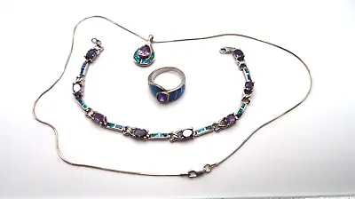 Vintage Sterling Silver Amethyst Opal Bracelet Necklace Ring Set • $112.10