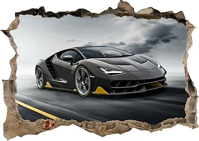 Super Sports Car Racing Black 3d Smashed Wall View Sticker Poster Decal Z-1-3-3 • £15.95